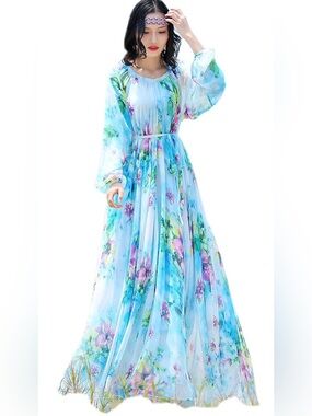 MedeShe Watery Blue Floral Chiffon Boho Maxi Dress Wedding Guest